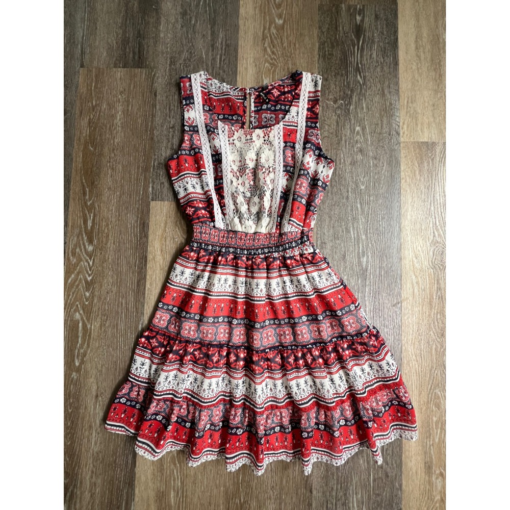 Heartsoul Dress Womens Small Red Blue Boho Lace Smocked Tiered Ruffle Mini